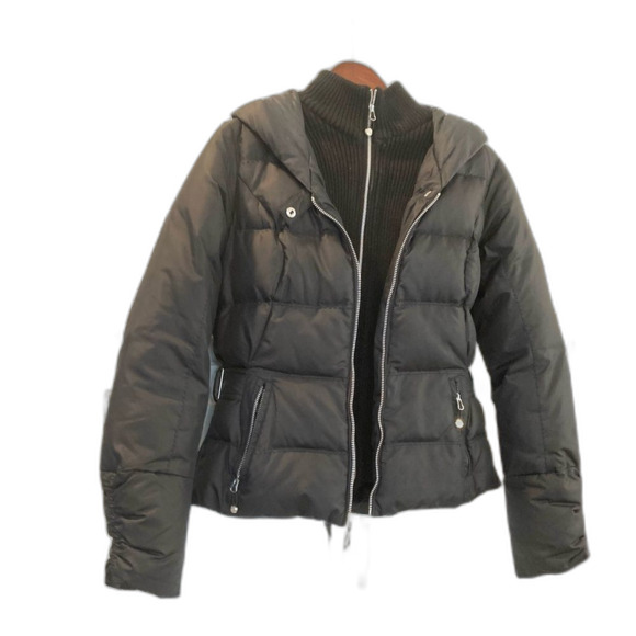 Eddie Bauer 100% Goose Down Fitted Silver Zipper Black Puffer jacket Size Small - Picture 1 of 8